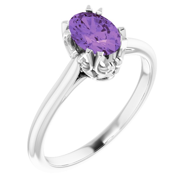14K Gold Oval Natural Amethyst Solitaire Ring – 6-10mm Stones - White Gold