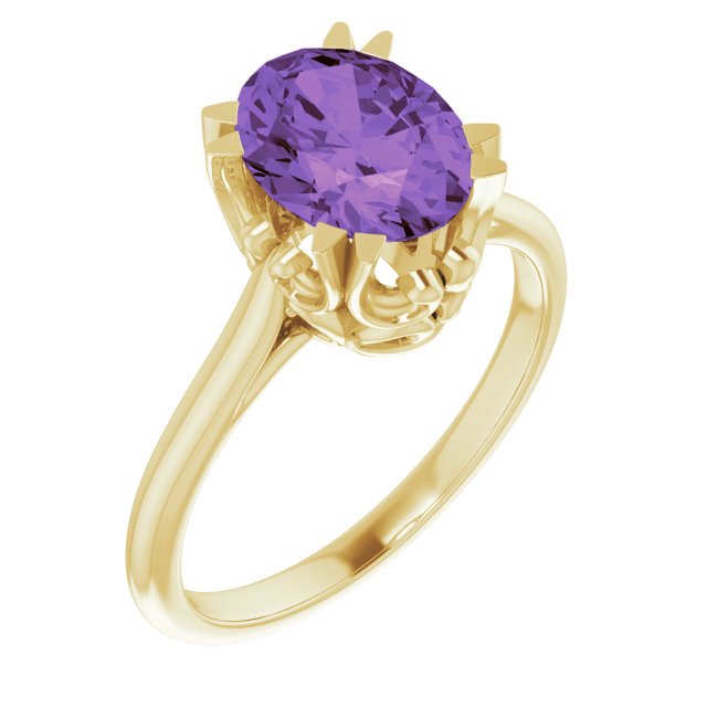 14K Gold Oval Natural Amethyst Solitaire Ring – 6-10mm Stones - Yellow Gold