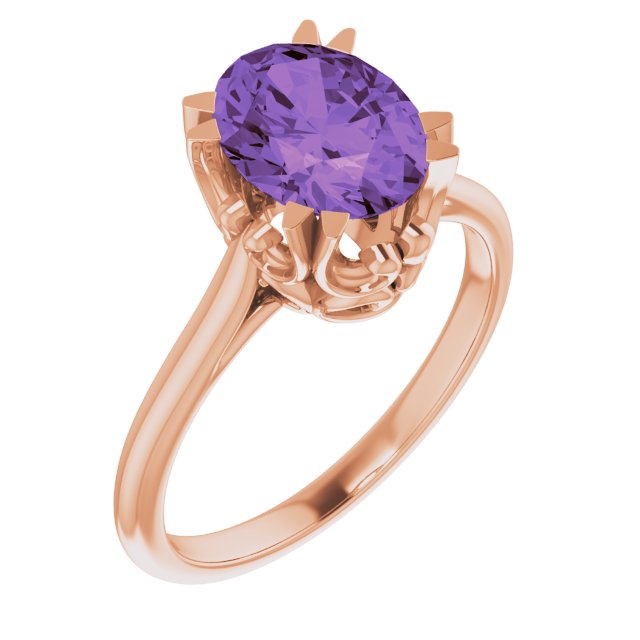 14K Gold Oval Natural Amethyst Solitaire Ring – 6-10mm Stones - Rose Gold