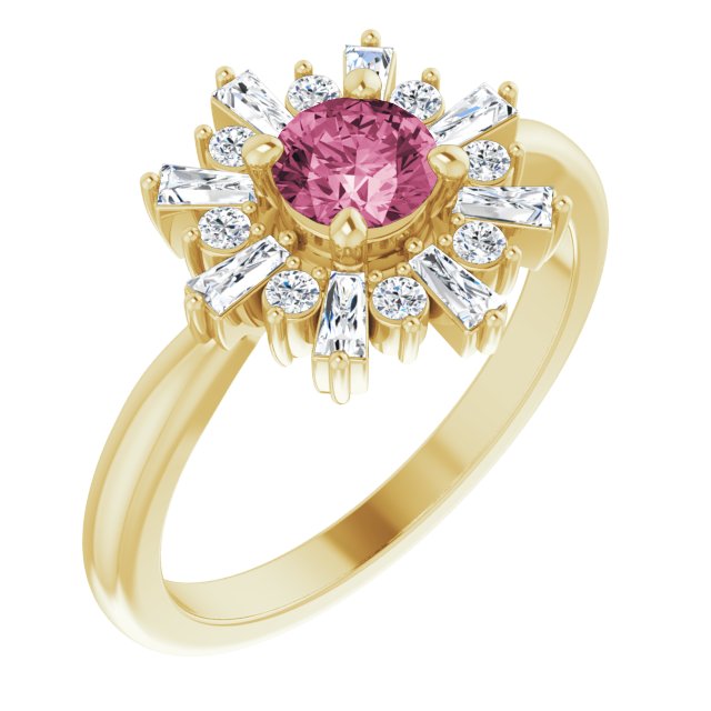 14K Gold Round Natural Pink Tourmaline & Natural Diamond Halo-Style Ring - Yellow Gold
