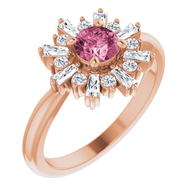 14K Gold Round Natural Pink Tourmaline & Natural Diamond Halo-Style Ring - Rose Gold