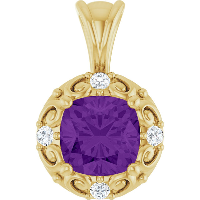 14K Gold Round Natural Amethyst & Natural Diamond Accented Sculptural Pendant - Yellow Gold