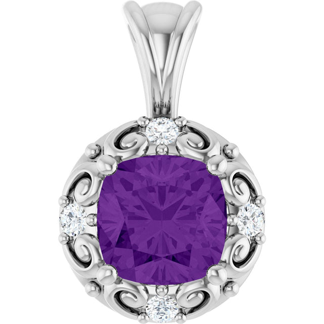 Platinum Round Natural Amethyst & Natural Diamond Accented Sculptural Pendant