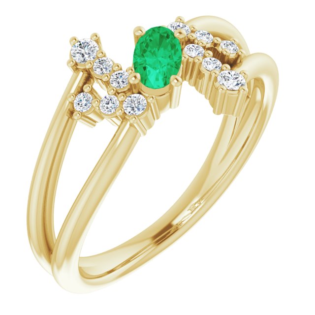 14K Gold Oval Natural Emerald & Natural Diamond Accented Bypass Ring – 5x3mm - Yellow Gold