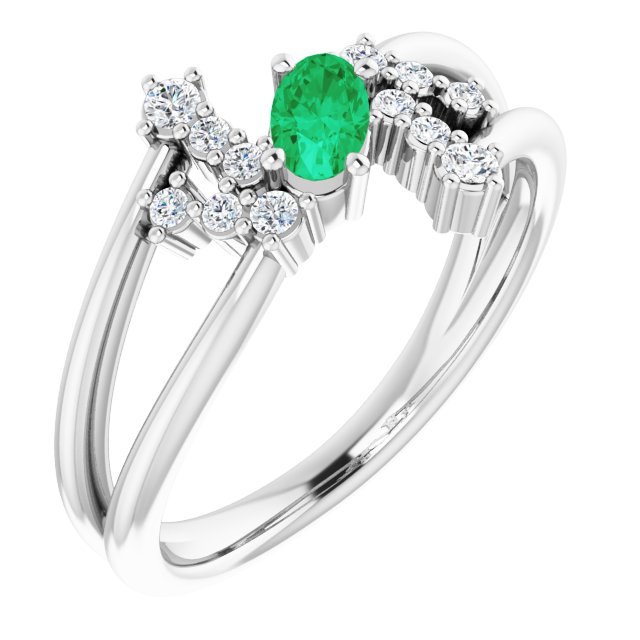 14K Gold Oval Natural Emerald & Natural Diamond Accented Bypass Ring – 5x3mm - White Gold