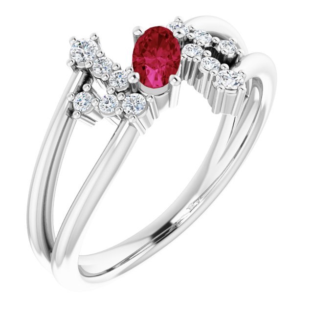 Platinum Oval Natural Ruby & Natural Diamond Accented Bypass Ring – 5x3mm