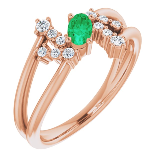 14K Gold Oval Natural Emerald & Natural Diamond Accented Bypass Ring – 5x3mm - Rose Gold
