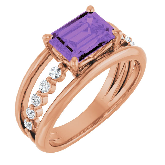 14K Gold Emerald Natural Amethyst & Natural Diamond Accented Ring - Rose Gold