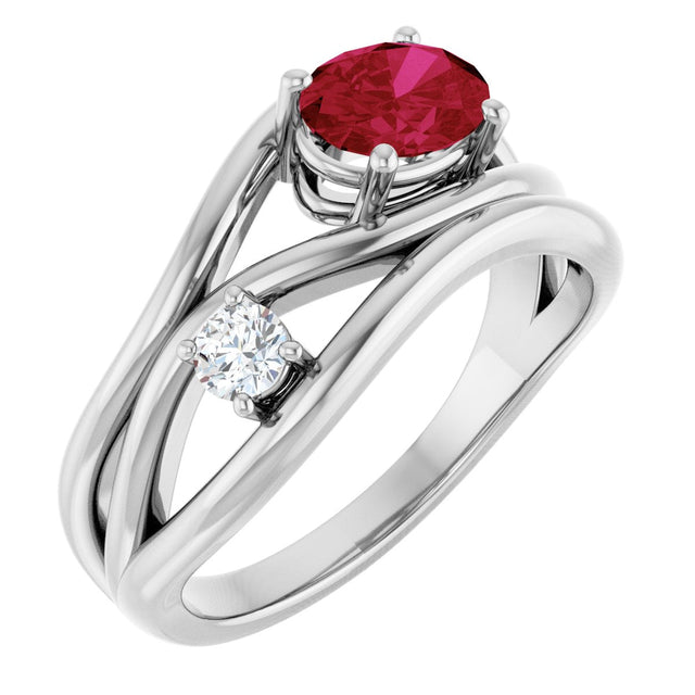 Platinum Oval Lab-Grown Ruby & Natural Diamond Accented Ring – 7x5mm
