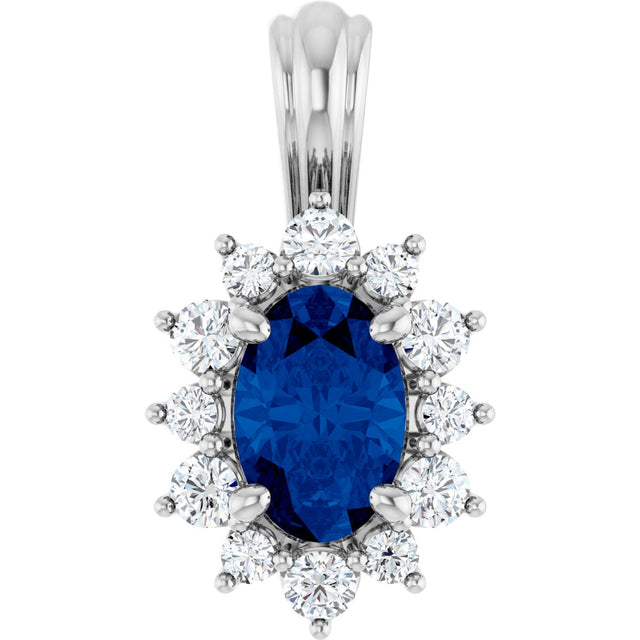 14K Gold Oval Natural Blue Sapphire & Natural Diamond Halo-Style Pendant - White Gold