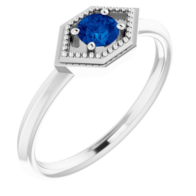 14K Gold Round Natural Blue Sapphire Geometric Ring - White Gold