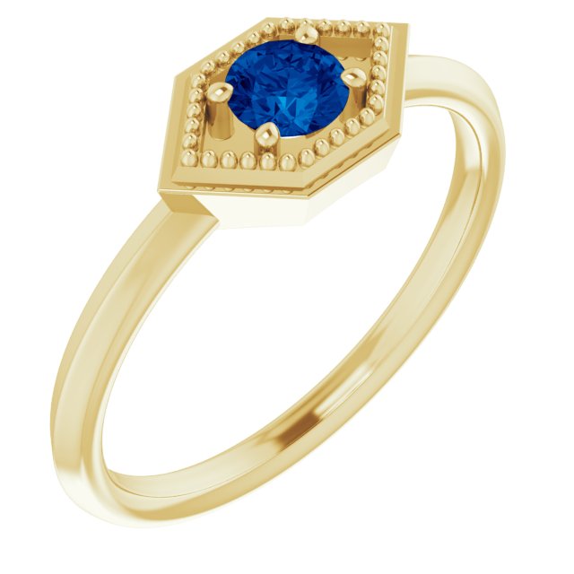 14K Gold Round Natural Blue Sapphire Geometric Ring - Yellow Gold