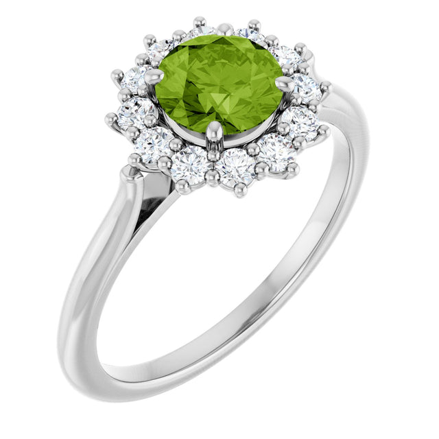 Platinum Emerald Natural Peridot & Lab-Grown Diamond Halo-Style Ring