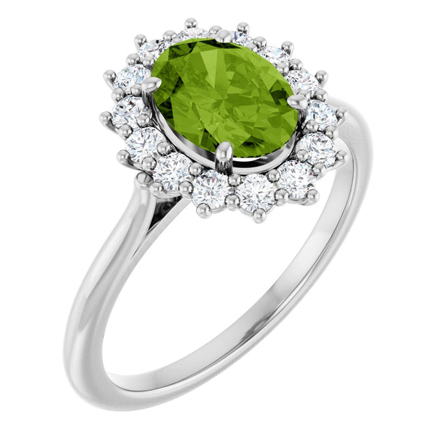 10K Gold Emerald Natural Peridot & Lab-Grown Diamond Halo-Style Ring - White Gold