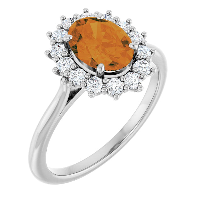 14K Gold Oval Natural Citrine & Natural Diamond Halo-Style Ring - White Gold