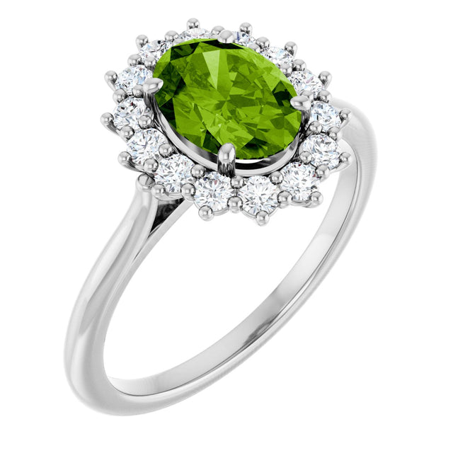 14K Gold Oval Natural Peridot & Natural Diamond Halo-Style Ring - White Gold