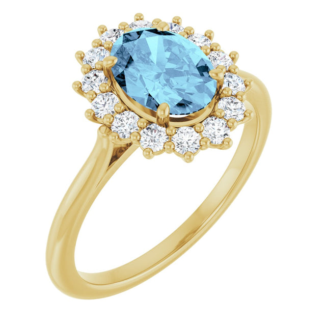 14K Gold Oval Natural Aquamarine & Natural Diamond Halo-Style Ring - Yellow Gold