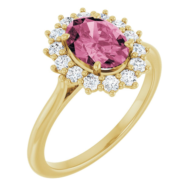 14K Gold Oval Natural Pink Tourmaline & Natural Diamond Halo-Style Ring - Yellow Gold