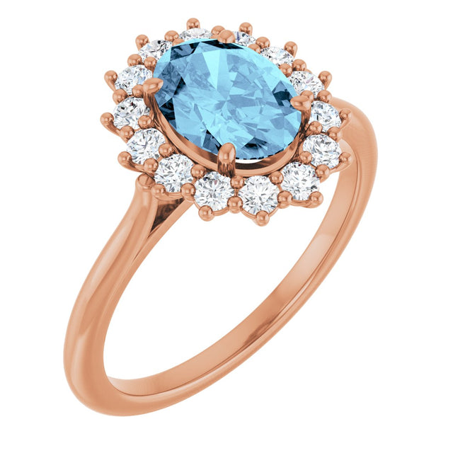 14K Gold Oval Natural Aquamarine & Natural Diamond Halo-Style Ring - Rose Gold