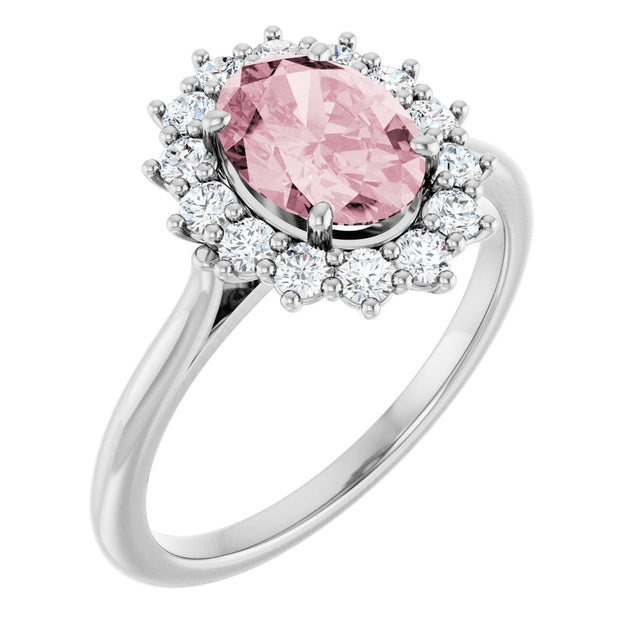 Platinum Oval Natural Pink Morganite & Natural Diamond Halo-Style Ring