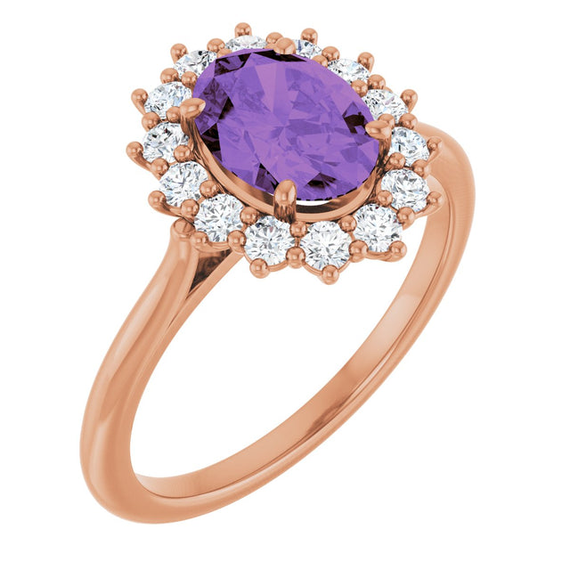 14K Gold Oval Natural Amethyst & Natural Diamond Halo-Style Ring – 8x6mm - Rose Gold