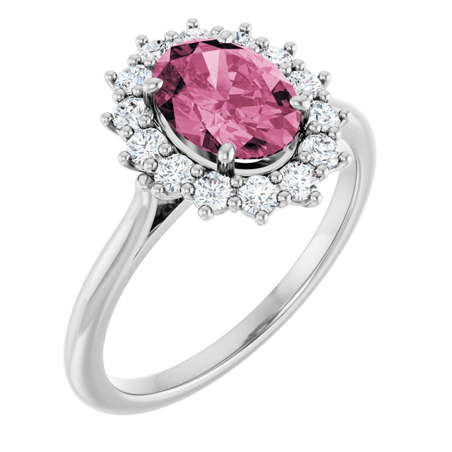 Platinum Oval Natural Pink Tourmaline & Natural Diamond Halo-Style Ring