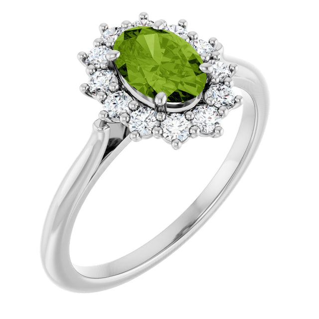 10K Gold Emerald Natural Peridot & Lab-Grown Diamond Halo-Style Ring - White Gold
