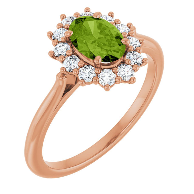 14K Gold Emerald Natural Peridot & Lab-Grown Diamond Halo-Style Ring - Rose Gold