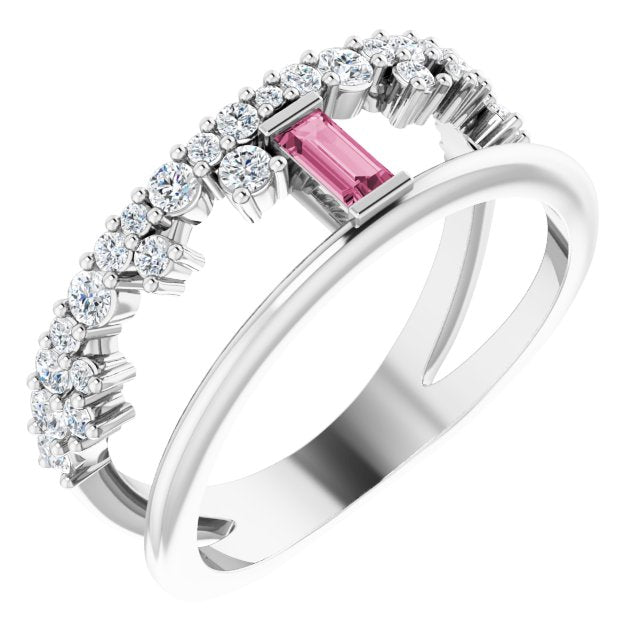 Platinum Straight Baguette Natural Pink Tourmaline & Natural Diamond Negative Space Ring