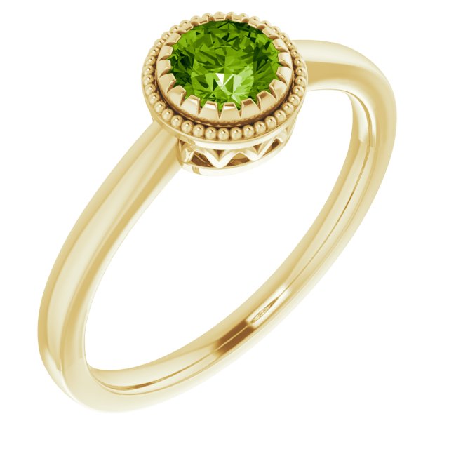 14K Gold Natural Peridot Milgrain Bezel-Set Solitaire Birthstone Ring