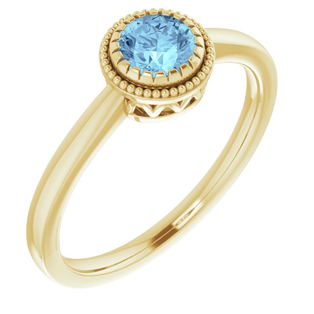 14K Gold Natural Aquamarine Milgrain Bezel-Set Solitaire Birthstone Ring - Yellow Gold