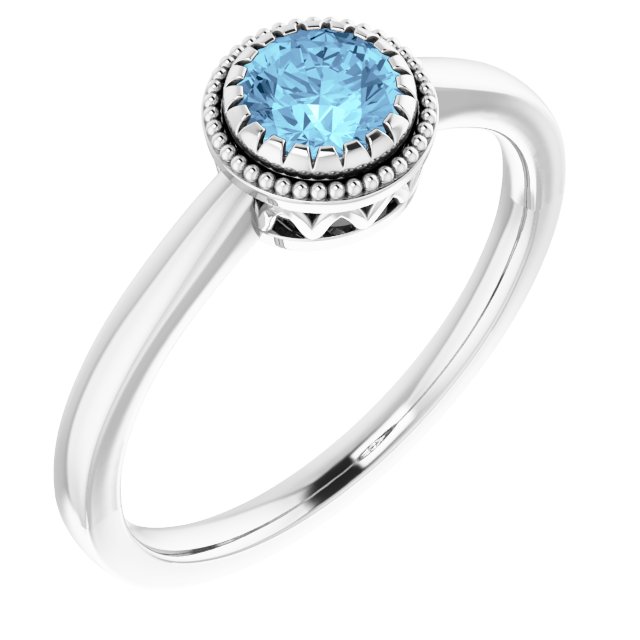 14K Gold Natural Aquamarine Milgrain Bezel-Set Solitaire Birthstone Ring - White Gold