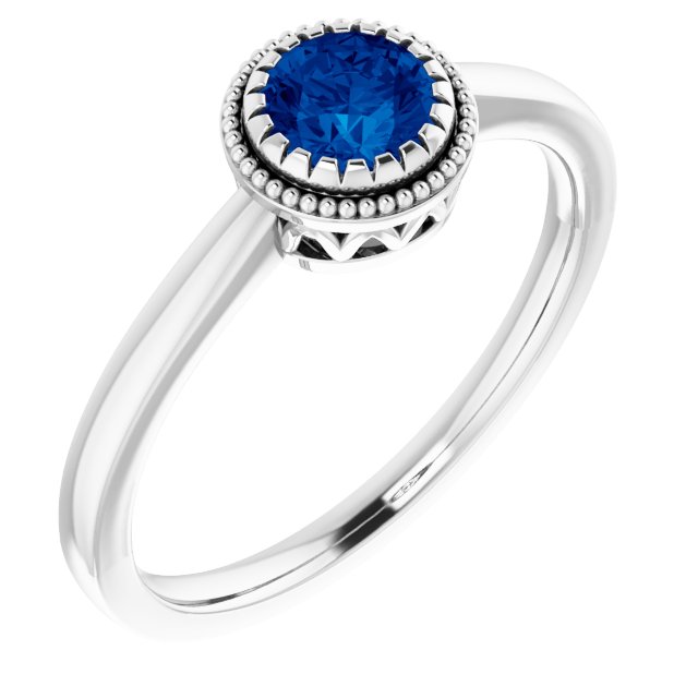 14K Gold Natural Blue Sapphire Milgrain Bezel-Set Solitaire Birthstone Ring - White Gold