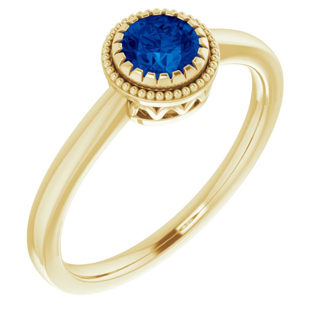 14K Gold Natural Blue Sapphire Milgrain Bezel-Set Solitaire Birthstone Ring - Yellow Gold