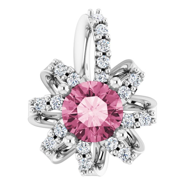 Platinum Round Natural Pink Tourmaline & Natural Diamond Halo-Style Necklace or Pendant – 0.07 CTW