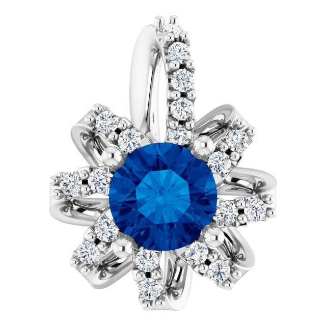 14K Gold Round Natural Blue Sapphire & Natural Diamond Halo-Style Necklace or Pendant – 0.07 CTW - White Gold