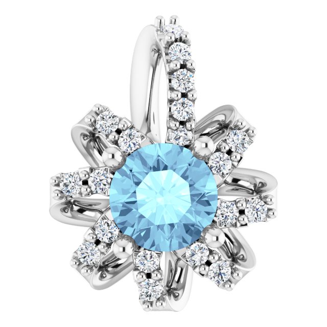 14K Gold Round Natural Aquamarine & Natural Diamond Halo-Style Necklace or Pendant - White Gold