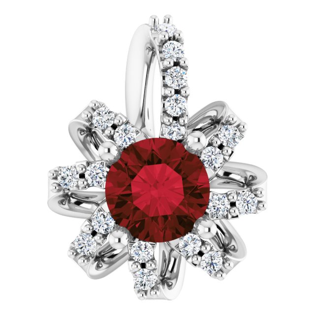 14K Gold Round Natural Mozambique Garnet & Natural Diamond Halo-Style Necklace or Pendant – 0.07 CTW - White Gold