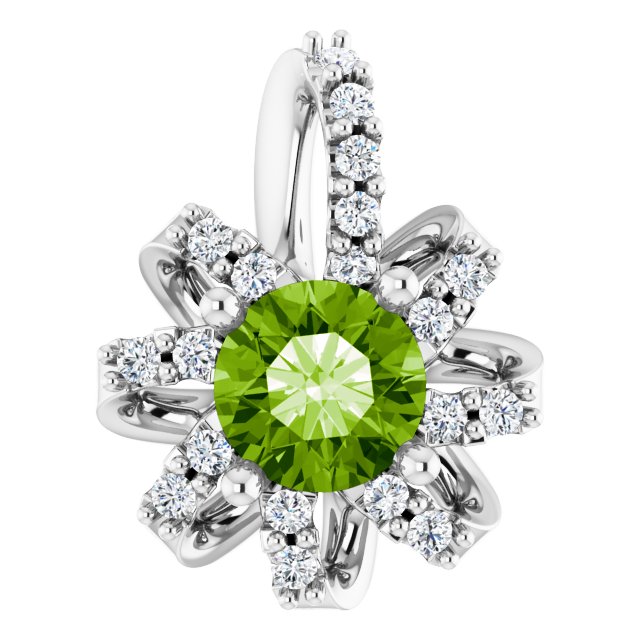 14K Gold Round Natural Peridot & Natural Diamond Halo-Style Necklace or Pendant - White Gold