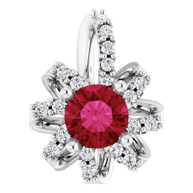 14K Gold Round Natural Ruby & Natural Diamond Halo-Style Necklace or Pendant - White Gold