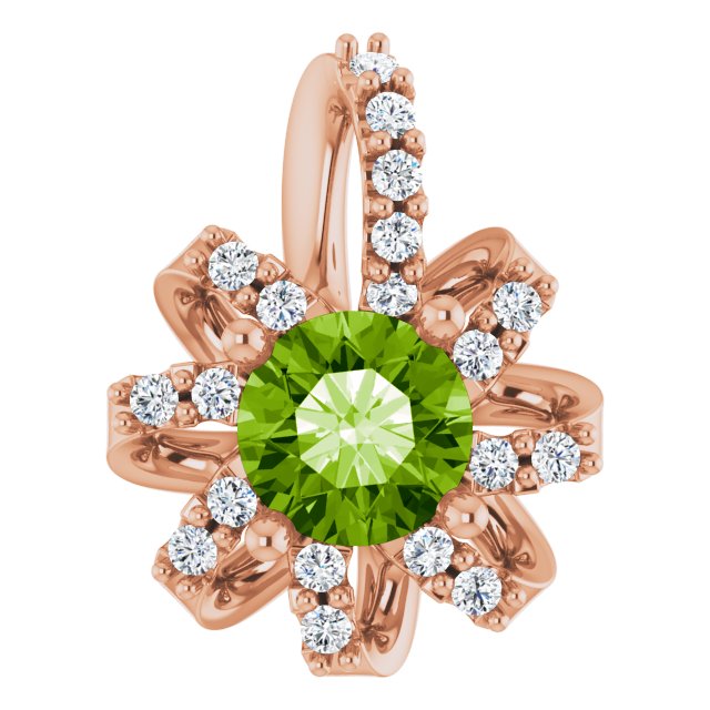 14K Gold Round Natural Peridot & Natural Diamond Halo-Style Necklace or Pendant - Rose Gold