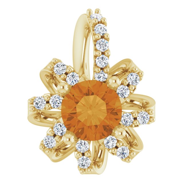 14K Gold Round Natural Citrine & Natural Diamond Halo-Style Necklace or Pendant - Yellow Gold
