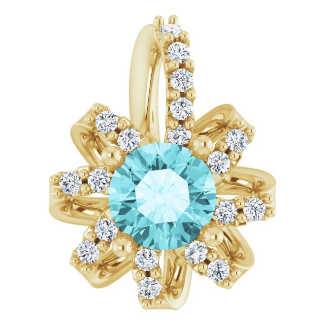 14K Gold Round Natural Blue Zircon & Natural Diamond Halo-Style Necklace or Pendant - Yellow Gold