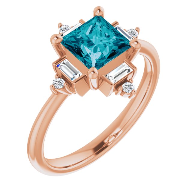 14K Gold Square Natural London Blue Topaz & Natural Diamond Geometric Ring - Rose Gold