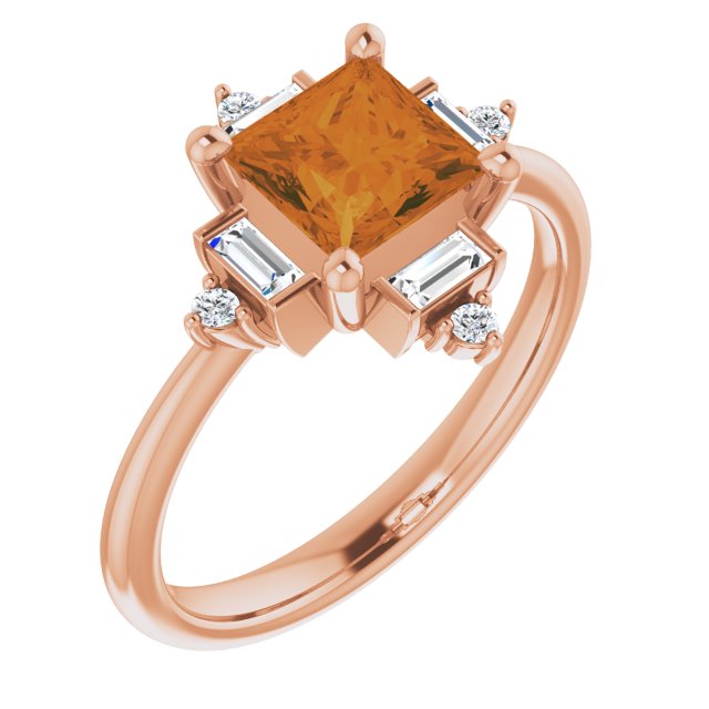 14K Gold Square Natural Citrine & Natural Diamond Geometric Ring - Rose Gold