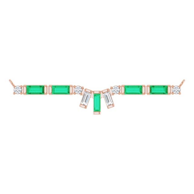 14K Gold Straight Baguette Natural Emerald & Natural Diamond Baguette Bar Necklace - Rose Gold