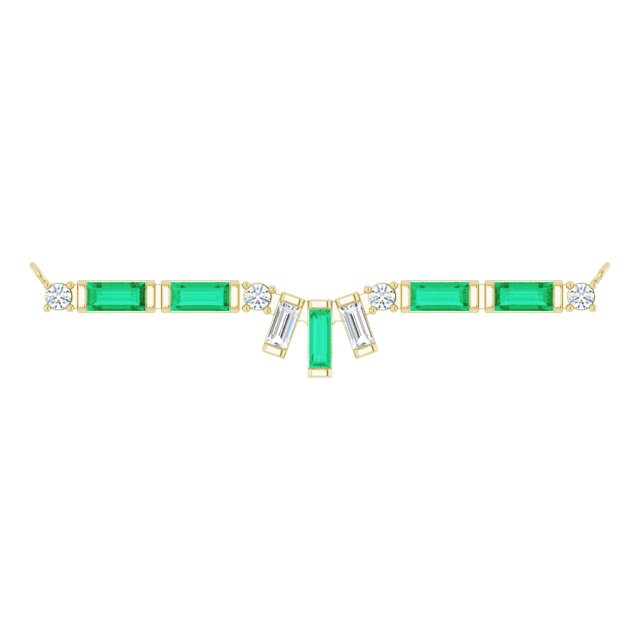 14K Gold Straight Baguette Natural Emerald & Natural Diamond Baguette Bar Necklace - Yellow Gold