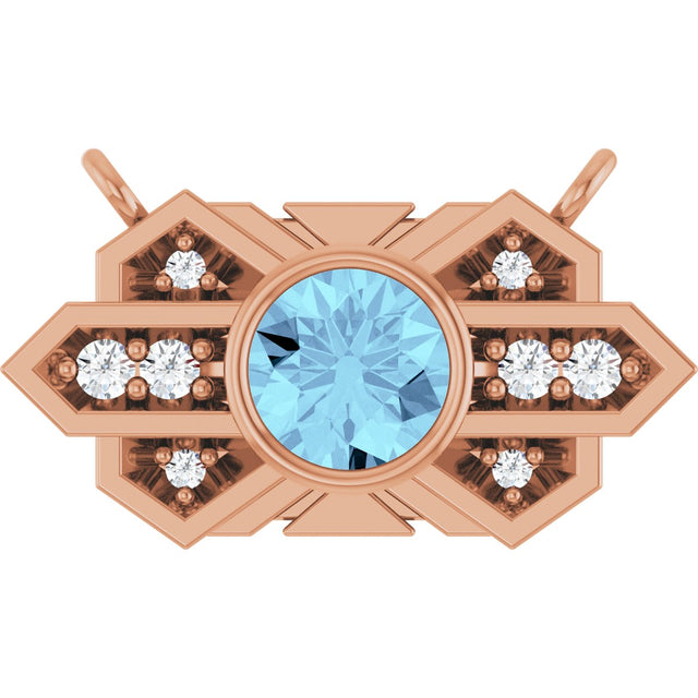 14K Gold Round Natural Aquamarine & Natural Diamond Art Deco Necklace - Rose Gold
