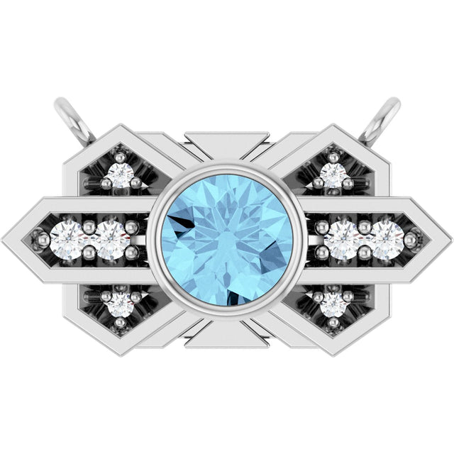 14K Gold Round Natural Aquamarine & Natural Diamond Art Deco Necklace - White Gold