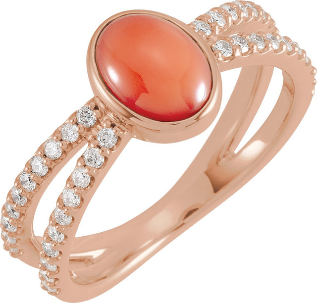 14K Gold Oval Natural Pink Coral & Natural Diamond Accented Cabochon Ring - Rose Gold